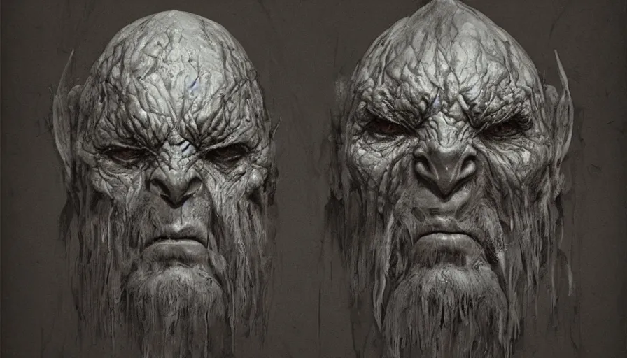 Image similar to feral chieftain charector concept sheet, beksinski, ruan jia, the hobbit orc concept, dark soul concept