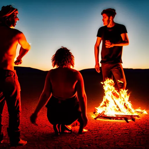 Prompt: photograph of three ravers, two men, one women, photographed from behind, talking around a fire, photorealistic, dancefloor kismet, diverse costumes, clean composition, desert transition area, bonfire, night, australian desert, xf iq 4, symmetry, sony a 7 r, 1 5 0 mp, 5 0 mm