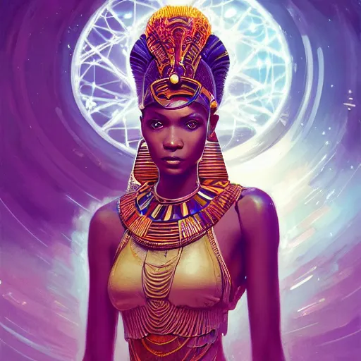 Image similar to highly detailed portrait of an african neon egyptian goddess, intricate alien technology, stephen bliss, unreal engine, fantasy art by greg rutkowski, loish, rhads, ferdinand knab, makoto shinkai and lois van baarle, ilya kuvshinov, rossdraws, tom bagshaw, global illumination, radiant light, detailed and intricate environment