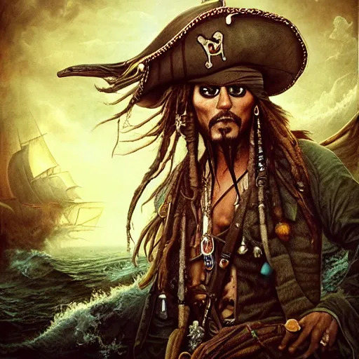 Prompt: a hyperrealistic illustration of Captain Jack Sparrow as Davy Jones, Pirates of the Caribbean Ship with fractal sunlight, award-winning, masterpiece, in the style of Tom Bagshaw, Cedric Peyravernay, Peter Mohrbacher