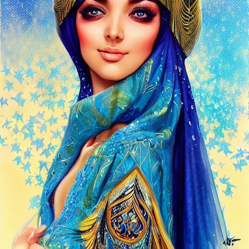 Prompt: a beautiful arabian woman wearing a kaftan by karol bak, ayami kojima, artgerm, arabian beauty, blue eyes, smile, concept art, fantasy