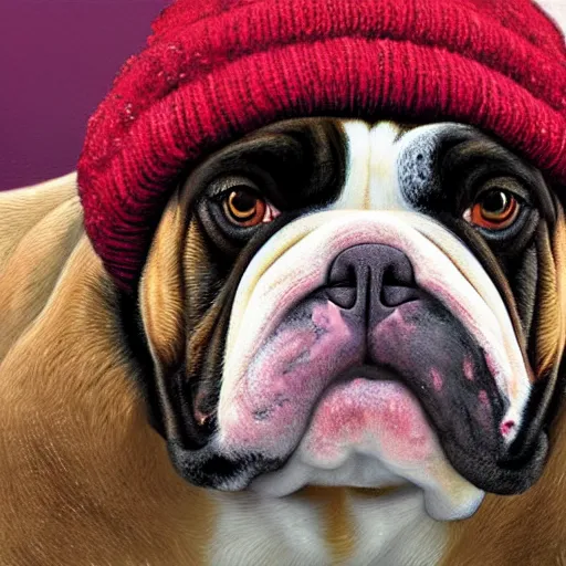 Prompt: close-up of a bulldog wearing a beanie, highly detailed, sharp focus, digital painting, artwork by Victor Adame Minguez + Yuumei + Tom Lovell + Sandro Botticelli