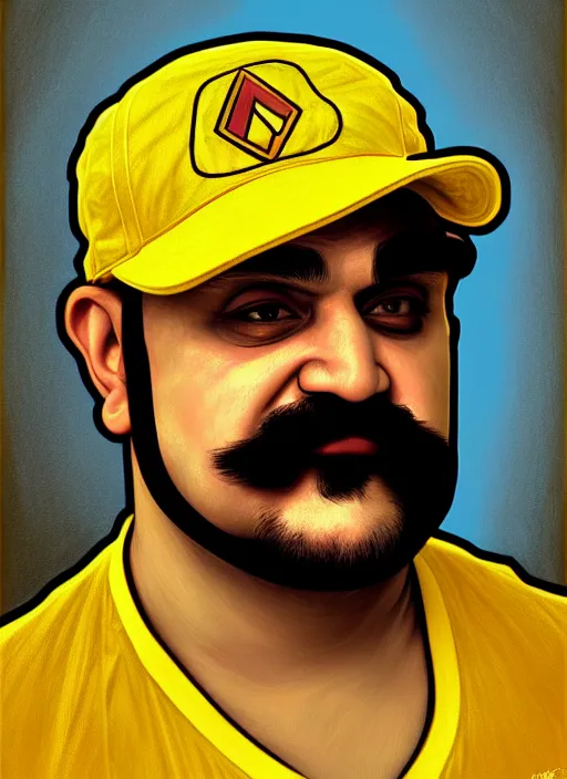 Prompt: oil portrait of wario wearing a yellow cap, intricate, elegant, highly detailed, lighting, painting, artstation, smooth, illustration, art by greg rutowski and alphonse mucha