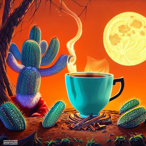 Image similar to richly detailed colored pencil 3 d illustration of spartan drinking tea at campfire with trichocereus background and smoke haze full moon ayahuasca peyote art by rossdraws range murata and artgerm fantasy