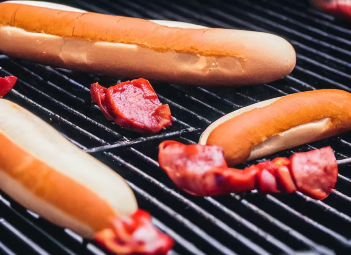 Image similar to dslr food photo closeup of hot dogs cooking on a grill, 8 k, 8 5 mm f 1. 8
