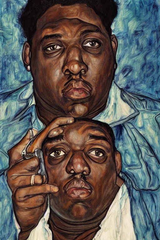 Image similar to a portrait of biggie smalls in style of egon schiele and herakut, masterpiece, hyperdetailed, complex, intricate, veiled, 4 k, 8 k, dynamic!!, trending on artstation