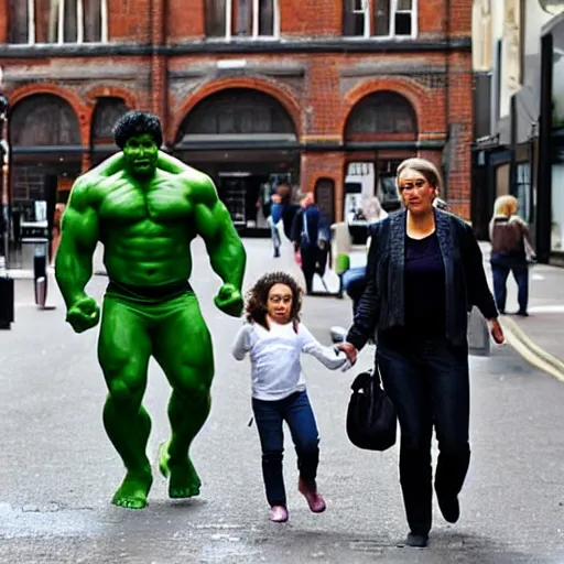 Image similar to “The Incredible Hulk and his family strolling down Marylebone High St gettyimages”