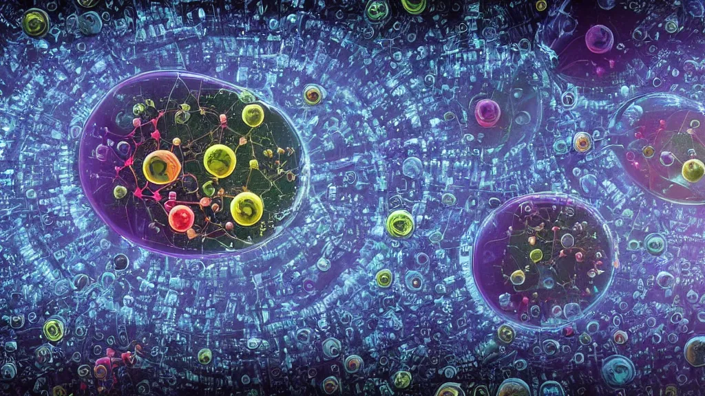 Image similar to a beautiful dreamy painting of a viruses inside a high-resolution television screen, dark, sinister, detailed scientific and mathematical diagram and retro sci-fi style