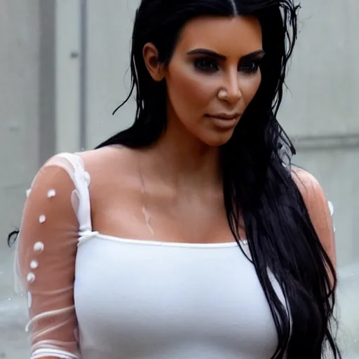 Prompt: kim kardashian leaning against a wall, caught in heavy rain, soaked wet hair, slightly white transparent dress, 4k HD, trending photo, night,
