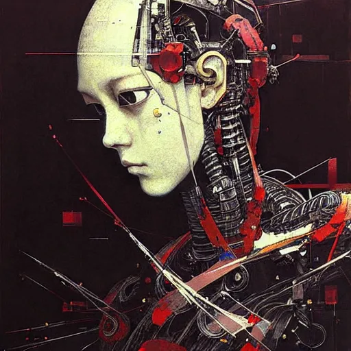 Prompt: a portrait of a robot with high tech armor, high detailed greg rutkowski painting, by adrian ghenie and gerhard richter. art by takato yamamoto. masterpiece, deep colours.