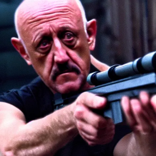 Prompt: Film still of Mike Ehrmantraut aiming with a sniper rifle, 4k, highly detailed