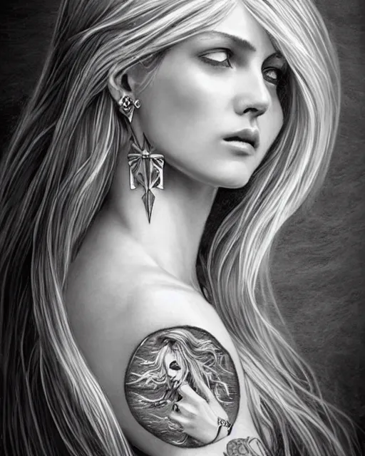 Image similar to tattoo sketch of beautiful greek goddess aphrodite with arrowhead earrings, beautiful piercing eyes, flowing blonde hair, realistic face, hyper realistic, in the style of greg rutkowski, fantasy, amazing detail, epic, intricate, elegant, smooth, sharp focus