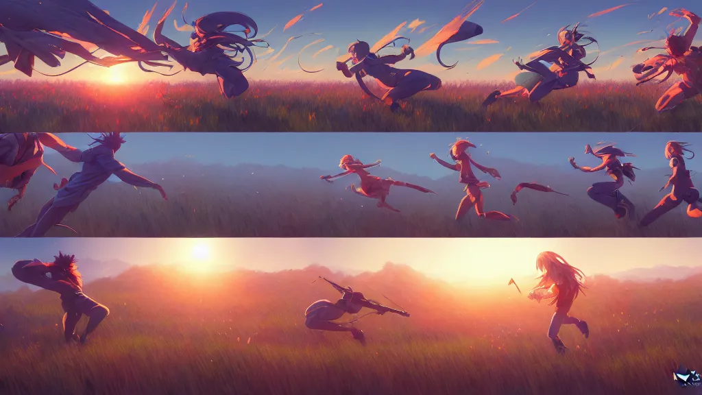 Image similar to highly detailed comic spread combination of art styles depicting an impactful action scene on open meadow clear sky with expert design fictional characters, bright colors, high color saturation, dynamic art by sakimi, moebius, makoto shinkai, murata, james jean, craig mullins, digital painting, masterpiece, best selling, pixiv, volumetric lighting, realistic shaded lighting