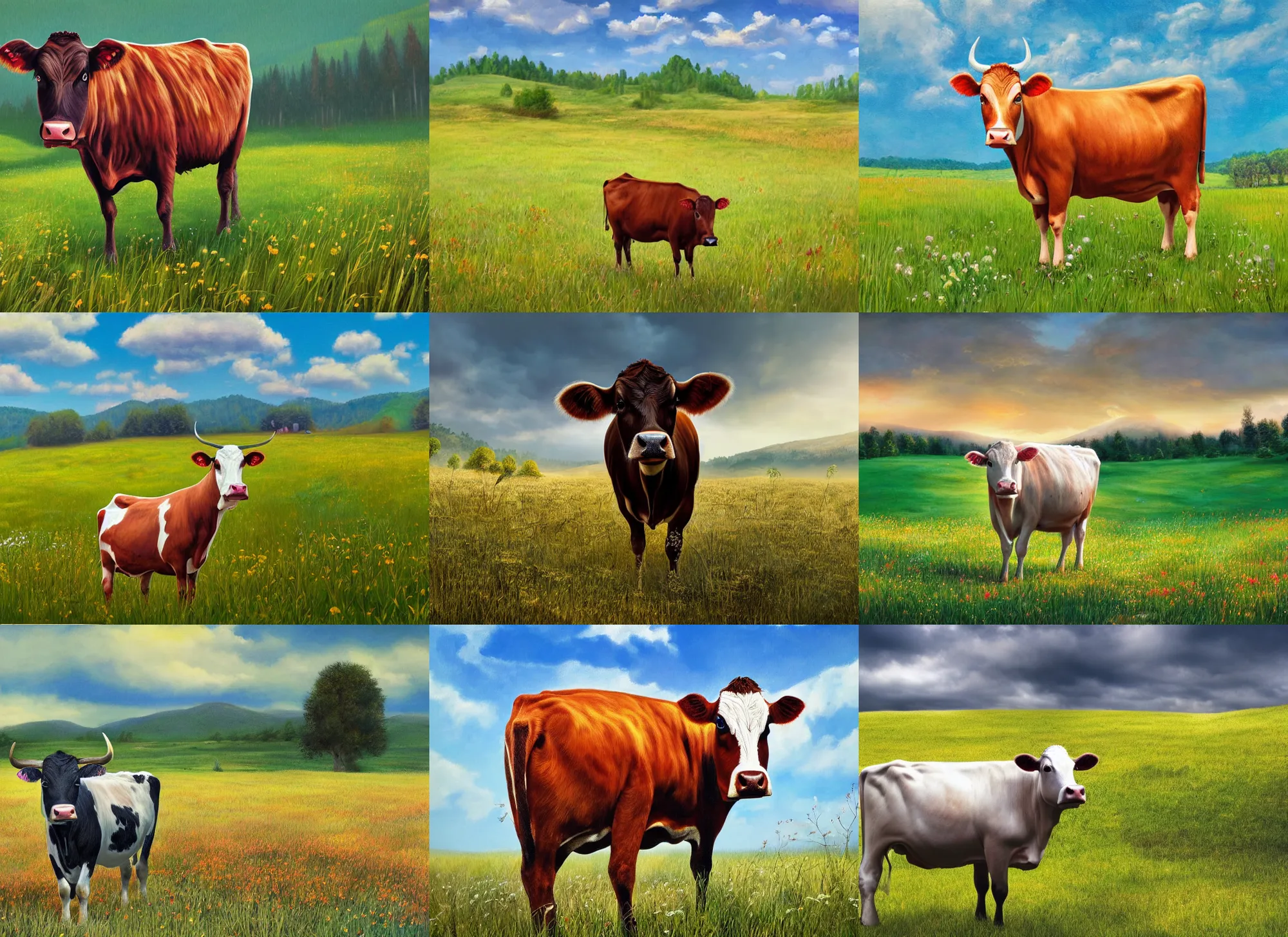 Prompt: highly detailed photo of a cow standing in a beautiful meadow, scenic colorful environment, hyperrealistic illustration by steven hodes