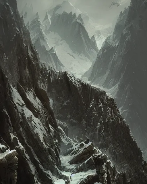 Image similar to a mountain in a shape of wolf teeths, terrifying, environment art, fantasy art, landscape art, in the style of greg rutkowski, illustration, epic, fantasy, intricate, hyper detailed, artstation, concept art, smooth, sharp focus, ray tracing