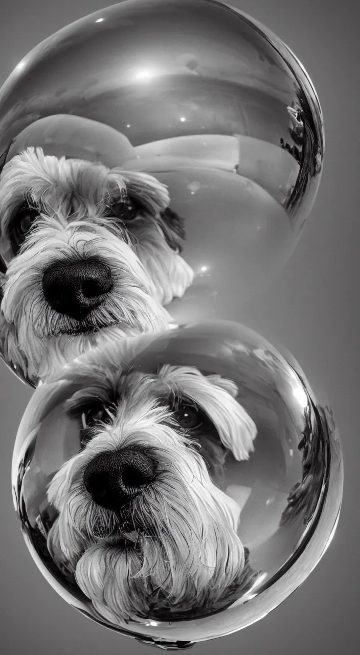 Prompt: fish eye lens portrait of one havanese dog reflected in a chrome sphere, ultra wide 8 mm, by m c escher pen and paper