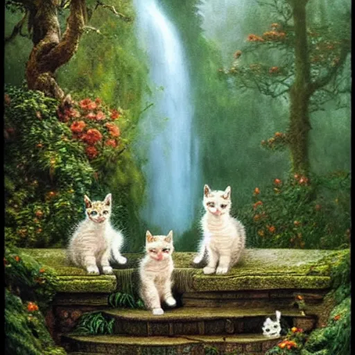 Image similar to two kittens in the enchanted forest stand on the steps and watch the waterfall, fantasy, intricate, extremely detailed, matte, featured in artstation, art by louis wain, greg rutkowski
