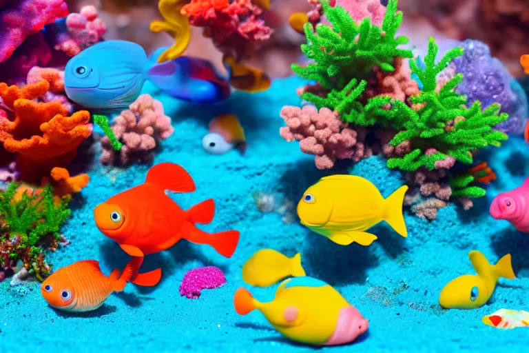 Image similar to fisher price coral reef, california, in 2 0 1 5, 8 k, scene from tv show hyper detailed 5 5 mm 8 5 mm, toy photography, made out of plastic