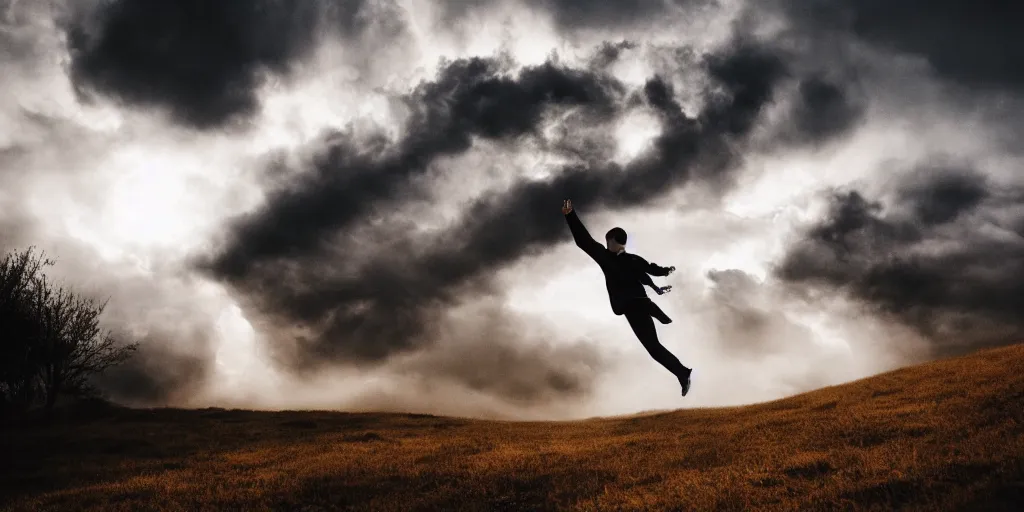 Prompt: a person falling through the clouds, cinematic, beautiful lighting, billowy clouds, wide shot