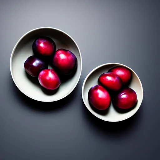 Image similar to a thick porcelain bowl filled with a few moist freshly picked plums on a wooden table. volumetric lighting. 4 k. small scale. realistic.