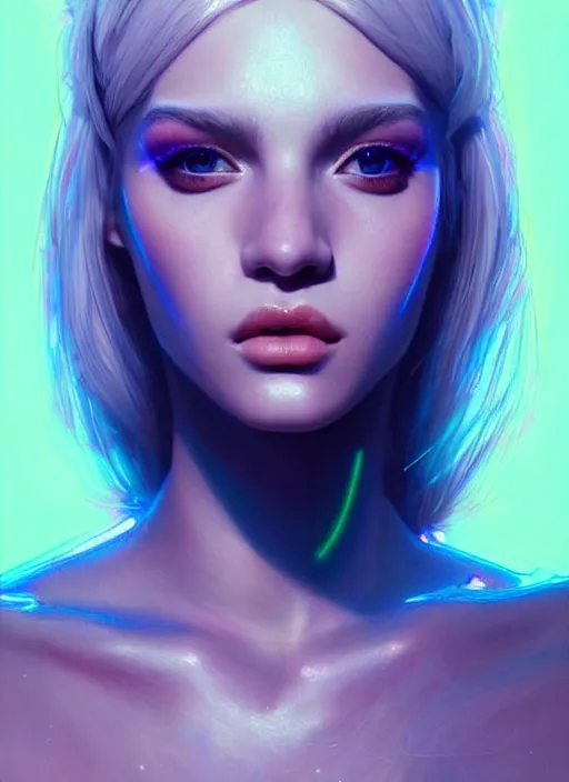 Image similar to photorealistic portrait of female humanoid, cyber neon lights, highly detailed, haute couture fashion, elegant, crispy quality, trending in artstation, trending in pinterest, glamor pose, no signature, no watermark, cinematic, art by artgerm and pascal blanche