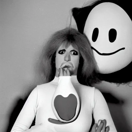 Image similar to 1976 woman wearing a long prosthetic snout nose and nostril, soft color wearing a leotard 1976 holding a smiley inflatable hand puppet color film 16mm Almodovar John Waters Russ Meyer Doris Wishman old photo