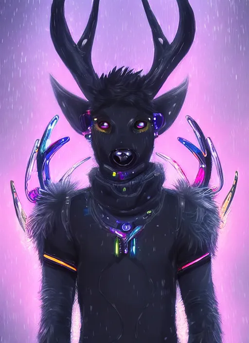 Image similar to award winning beautiful portrait commission of a male furry anthro Black Reindeer cyberpunk fursona with a tail, wings, wings, wings and a cute beautiful attractive detailed furry face wearing stylish black and rainbow galaxy clothes, outline, in a cyberpunk city at night while it rains. Character design by charlie bowater, ross tran, artgerm, and makoto shinkai, detailed, inked, western comic book art