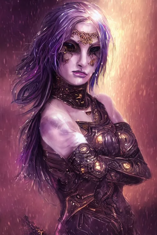 Image similar to portrait evilly knights of Zodiac girl+smoky eyes, metalic deep purple and black reflected armor, in ruined Agora of Athens thuder flash night and stormy rainning, ssci-fi, fantasy, intricate, very very beautiful, elegant, golden light, highly detailed, digital painting, artstation, concept art, smooth, sharp focus, illustration, art by tian zi and WLOP and alphonse mucha