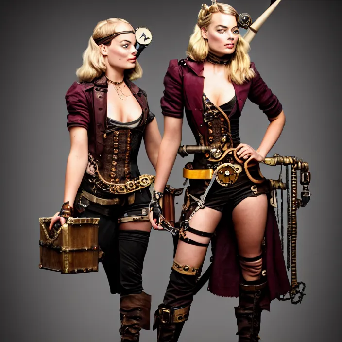 Prompt: full body photograph of margot robbie as a steampunk pirate. Extremely detailed. 8k