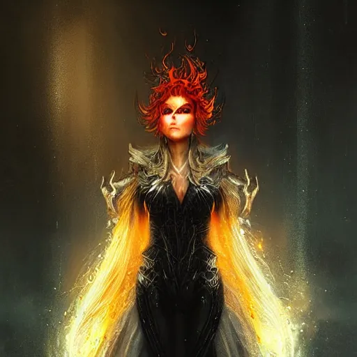 Prompt: kerli koiv as a fire queen flaming eylashes, darkwave, darksynth, concept headshot art, sharp, digital matte painting, art by luis royo, greg rutkowski, wlop, dramatic lighting, trending on artstation