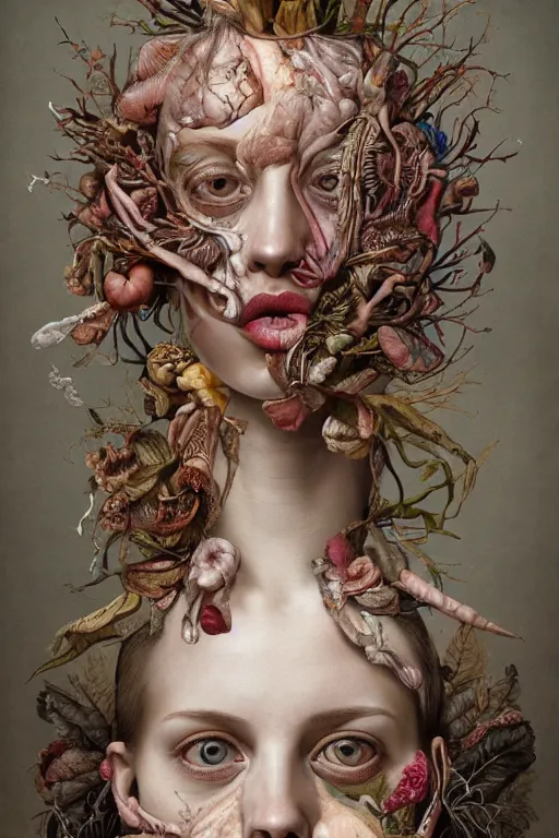 Prompt: Detailed maximalist portrait with large lips and eyes, scared expression, botanical anatomy, HD mixed media, 3D collage, highly detailed and intricate, surreal, in the style of Jenny Saville, dark art, baroque, centred in image, rendered in octane