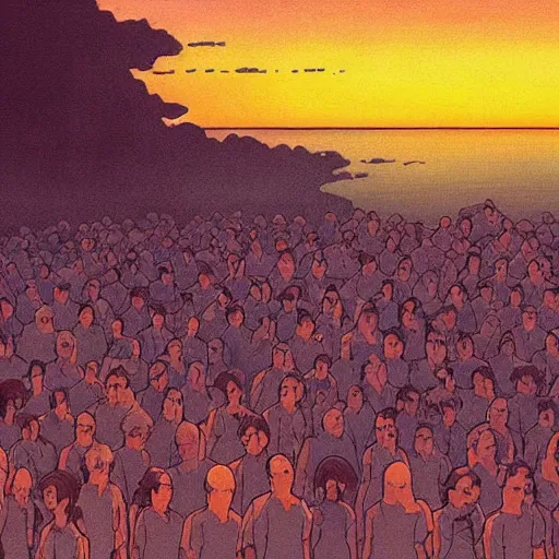 Prompt: a beautiful painting of a gorgeous sunset illuminating a sea of lost souls by moebius and studio ghibli