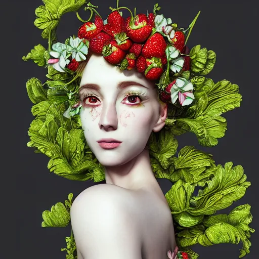 Image similar to the portrait of an absurdly beautiful, graceful, elegant, sophisticated, fashionable woman made of strawberries and green petals looking up, an ultrafine hyperdetailed illustration by kim jung gi, irakli nadar, intricate linework, bright colors, octopath traveler, final fantasy, unreal engine 5 highly rendered, global illumination, radiant light, detailed and intricate environment