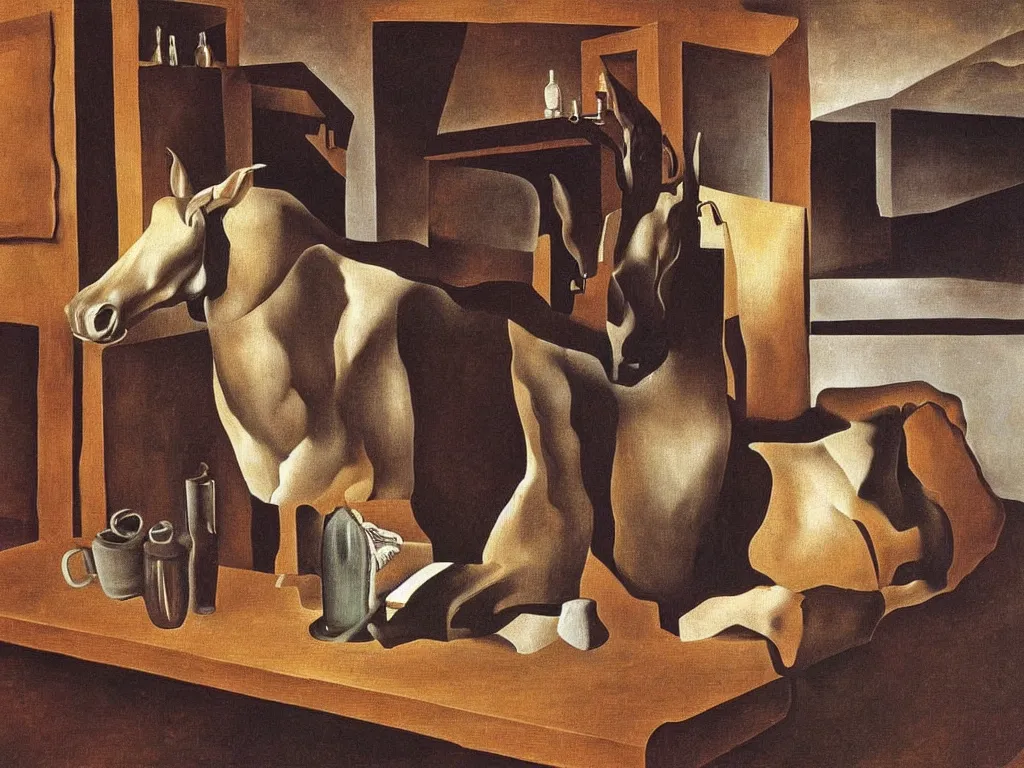 Image similar to a mule in the a rustic bar, by Salvador Dali, by Rene Magritte, award winning, amazing resolution.