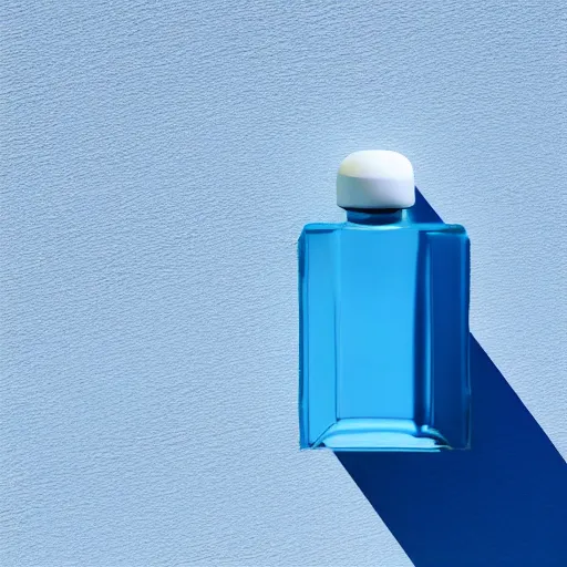 Image similar to perfume bottle on window sill in a pastel clean modern minimalist room with a view of the beach and blue skies in an easter - blue room well contoured smooth fair walls, up close shot, sharp focus, zen, clean, modern minimalist, octane highly render, 4 k, ultra hd,