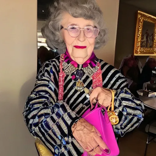 Image similar to an old woman in the 50's wearing gucci and versace jewlerry