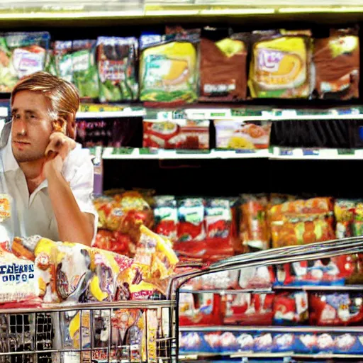 Image similar to !dream ryan gosling at a grocery store counter, holding milky way!! candy bars, hidden camera photo, photograph, hyperrealistic, 8k resolution