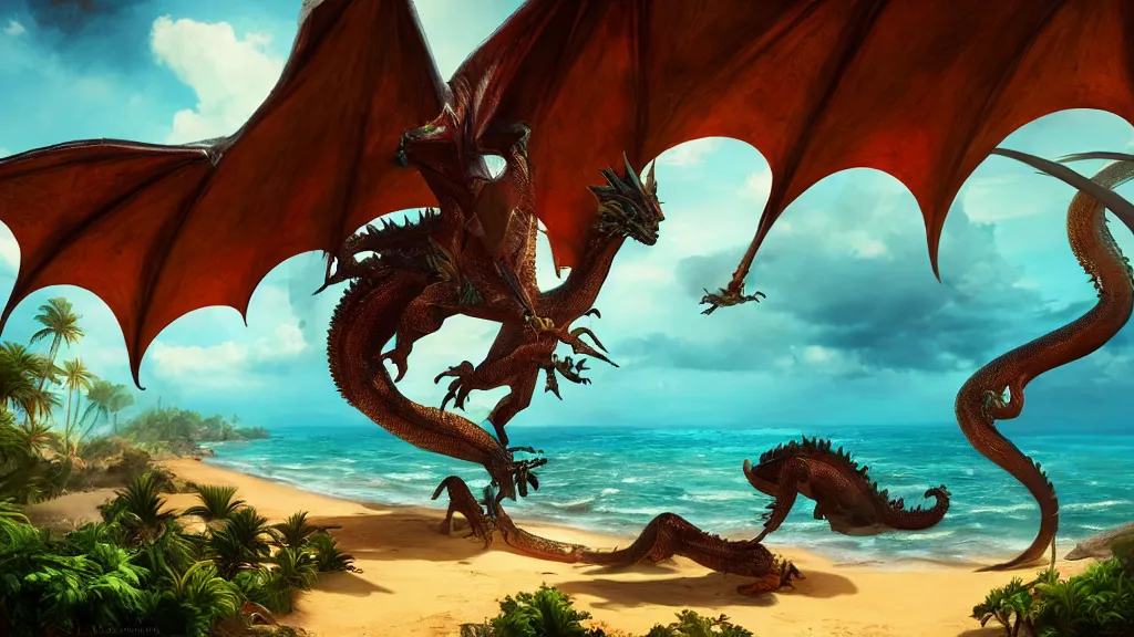 Image similar to dragon on a tropical beach, fantasy artwork, beautiful scenery, hdr, unreal engine 5, cinematic, 8k, ultra detailed, high resolution, artstation, IMAX