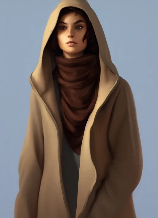 Image similar to shy, short brown hair arab spanish young woman, beige hoodie, by caspar david friedrich by james gilleard and justin gerard, artstation, smooth, sharp focus, by jean baptiste, octane render
