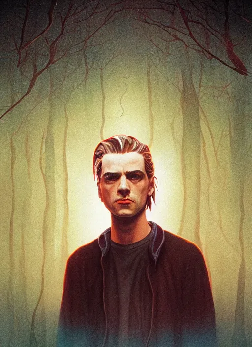 Prompt: Twin Peaks poster artwork by Michael Whelan and Tomer Hanuka, Karol Bak, Rendering of Kurt Cobain the local philosopher dropout, from scene from Twin Peaks, clean, full of details, by Makoto Shinkai and thomas kinkade, Matte painting, trending on artstation and unreal engine