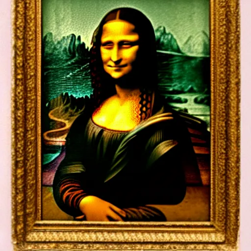 Image similar to a 1900s burned grainy photograph of Mona Lisa dressed in victorian clothes