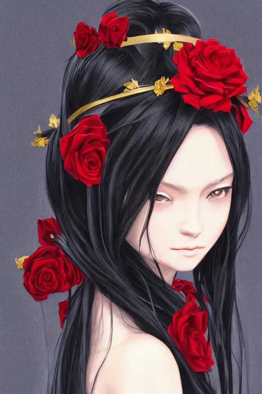 Image similar to high quality digital portrait of woman with long black hair, red eyes, red headband, golden roses in hair, anime, face, fantasy, intricate, elegant, highly detailed, digital painting, concept art, smooth, sharp focus, illustration, art by hiromu arakawa, krenz cushart, sui ishida, trending on artstation