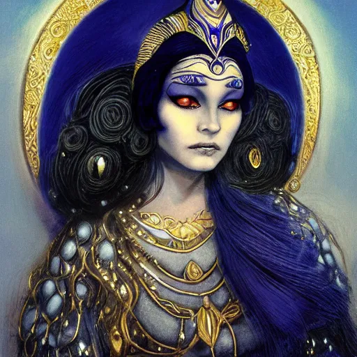 Prompt: painting of plus size junoesque priestess of the moon, golden filigree armor and tiara, moon above head, dark blue straight hair, smooth translucent skin, wide striking eyes, beautiful! coherent! by brom, by brian froud, by john anster fitzgerald, strong line, high contrast, muted color, 4 k, trending on artstation