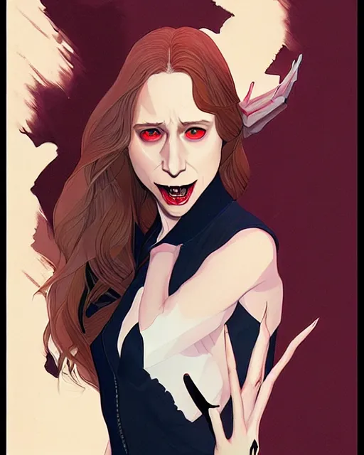 Image similar to in the style of Joshua Middleton and artgerm, evil vampire Taissa Farmiga open mouth with sharp fangs, full body, moody lighting