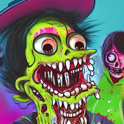 Image similar to colorful illustration of happy zombie, by zac retz and junji ito