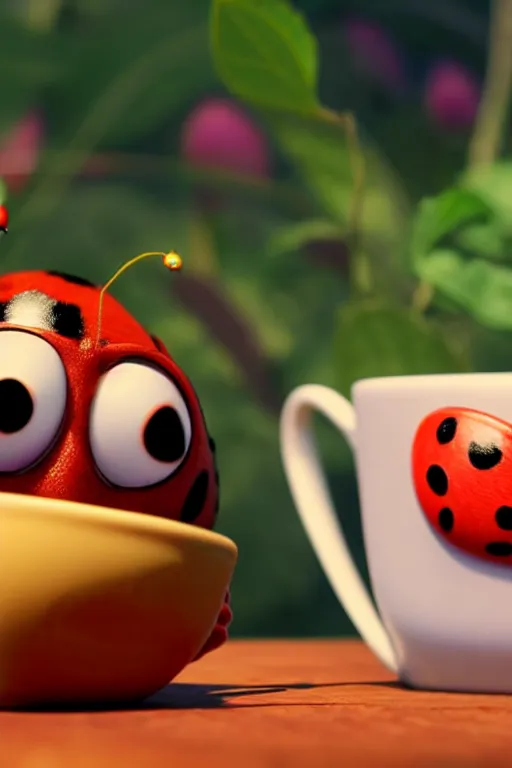 Prompt: a red ladybug with big eyes on side of a cup of coffee at picnic. pixar disney 4 k 3 d render movie oscar winning trending on artstation and behance. ratatouille style.