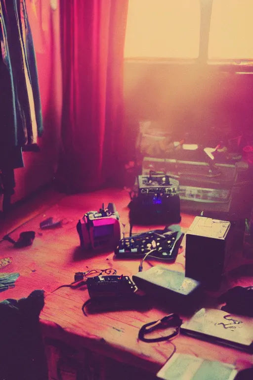 Image similar to agfa vista 4 0 0 photograph of a cluttered 9 0 s teenagers goth punk rock bedroom, synth vibe, vaporwave colors, lens flare, moody lighting, moody vibe, telephoto, 9 0 s vibe, blurry background, grain, tranquil, calm, faded!,