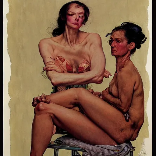 Prompt: A frontal portrait of a delicate, muscular and exhausted woman, by Norman Rockwell and Robert McGinnis.