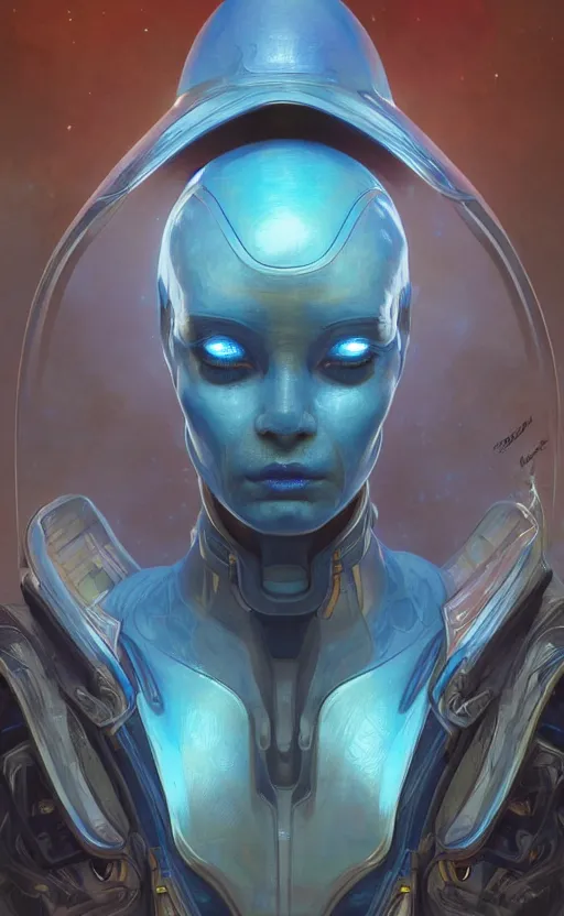 Image similar to portrait of a blue alien wearing a tight and smooth space suit, magical artifact, filaments, intimidating, intricate, headshot, highly detailed, digital painting, artstation, concept art, sharp focus, cinematic lighting, illustration, art by artgerm and greg rutkowski, alphonse mucha, cgsociety