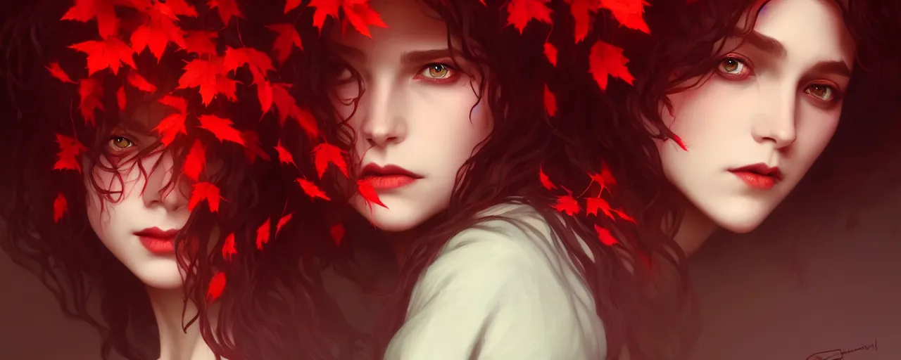 Prompt: girl with with hair becoming autumn red leaves trees, vampires with bloody fangsintricate, dreamy, digital painting, artstation, concept arti, unreal engine 5, 8 k, art by artgerm and greg rutkowski and alphonse mucha